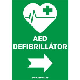   AED defibrillátor jobbra elsősegély matrica, elsősegély tábla