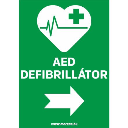 AED defibrillátor jobbra elsősegély matrica, elsősegély tábla