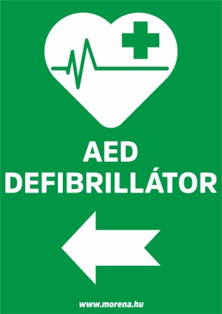 AED defibrillátor balra elsősegély matrica, elsősegély tábla