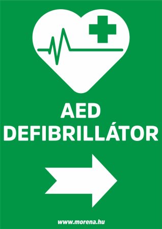 AED defibrillátor jobbra elsősegély matrica, elsősegély tábla