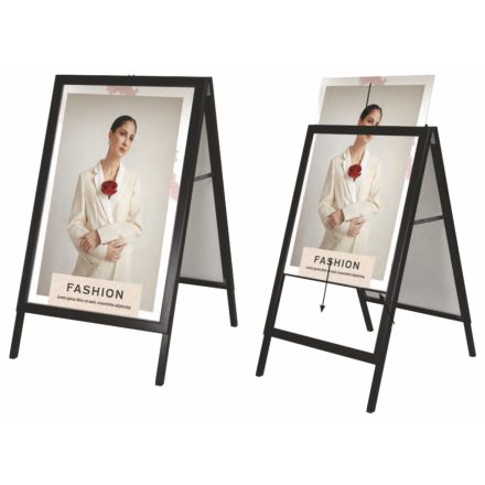 Kültéri Megállítótábla A1 méretű plakátnak, 2 oldalas, fém hátlap-ezüst/fekete, felültől becsúsztathatós