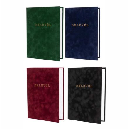 Oklevéltartó, A4, exkluzív, plüss, ARANYOZVA, fekete v. kék v. bordó v. zöld színben
